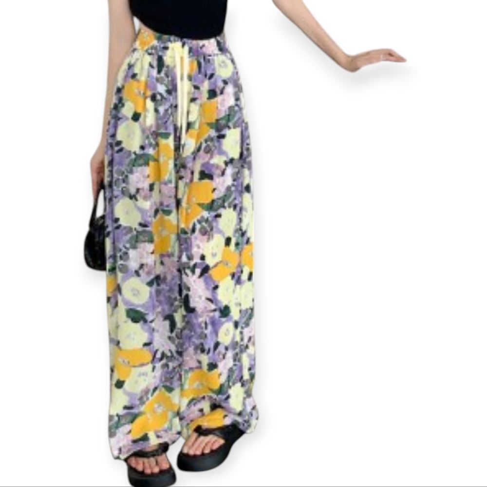 Floral Wide Leg Palazzo Pants in Yellow & Lavender